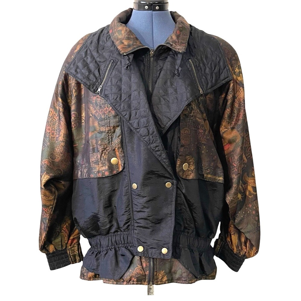 VTG Y2K Indications Track Jacket FANCY PRINT Black/Multi PADDED OVERSIZED sz L